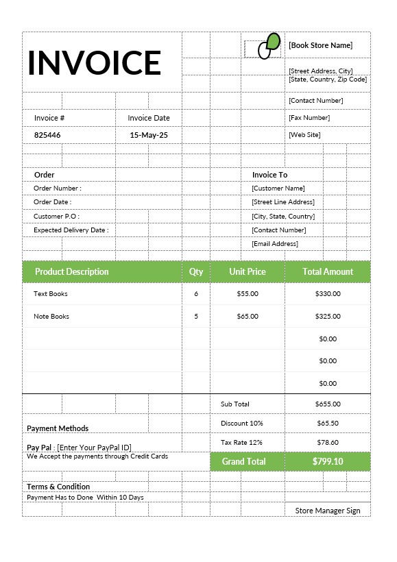 Book Store Invoice PSD template